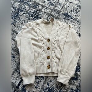 LOFT Cream Button-Up Cable Knit Cardigan